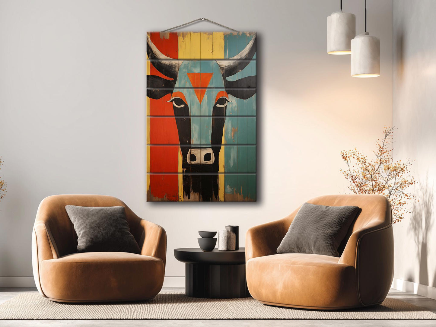 Cow Wall Decor - Abstract Cow Painting on Natural Wood Print | Egyptian Style Decor