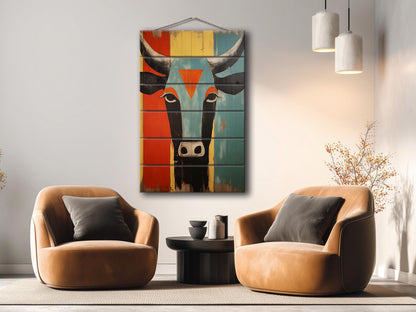 Cow Wall Decor - Abstract Cow Painting on Natural Wood Print | Egyptian Style Decor