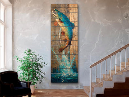 Rustic Wood Wall Art - Trout Painting Print on Wood – Fishing Wall Decor – Leaping Fish Print on Natural Wood