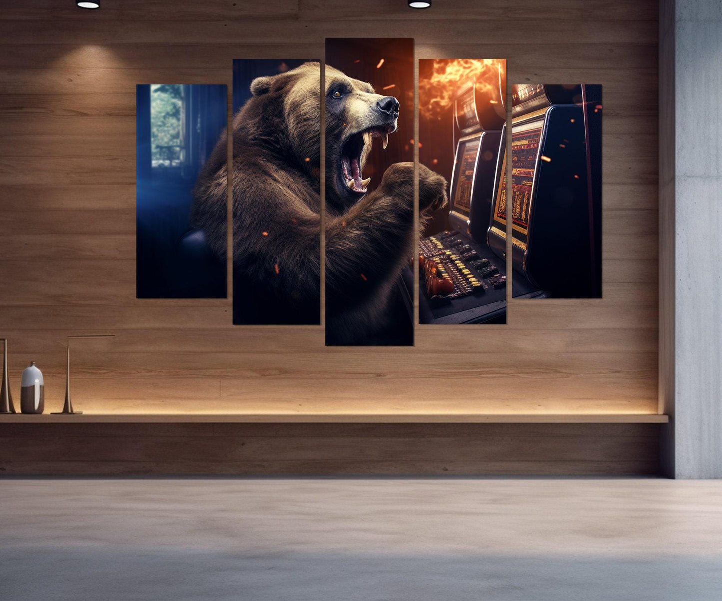 Casino Wall Art – Funny Bear Playing Slot Machines Framed Canvas Print