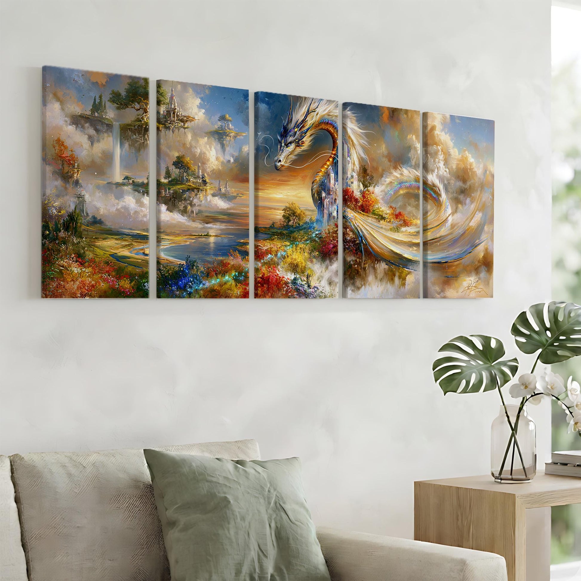 a large, colorful painting of a dragon-like creature with a flowing, ethereal body against a backdrop of a fantastical landscape with floating islands, clouds, and a sunset sky.