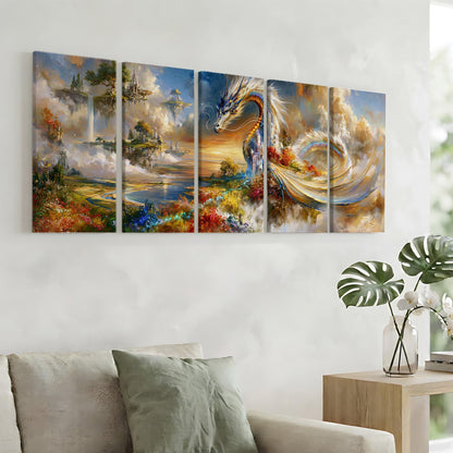 a large, colorful painting of a dragon-like creature with a flowing, ethereal body against a backdrop of a fantastical landscape with floating islands, clouds, and a sunset sky.