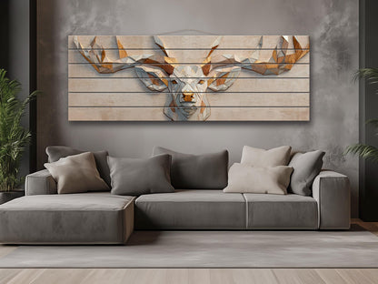 Deer Print Wood - Geometric Antlers Art | Rustic Wildlife Wall Art With Gold Accent