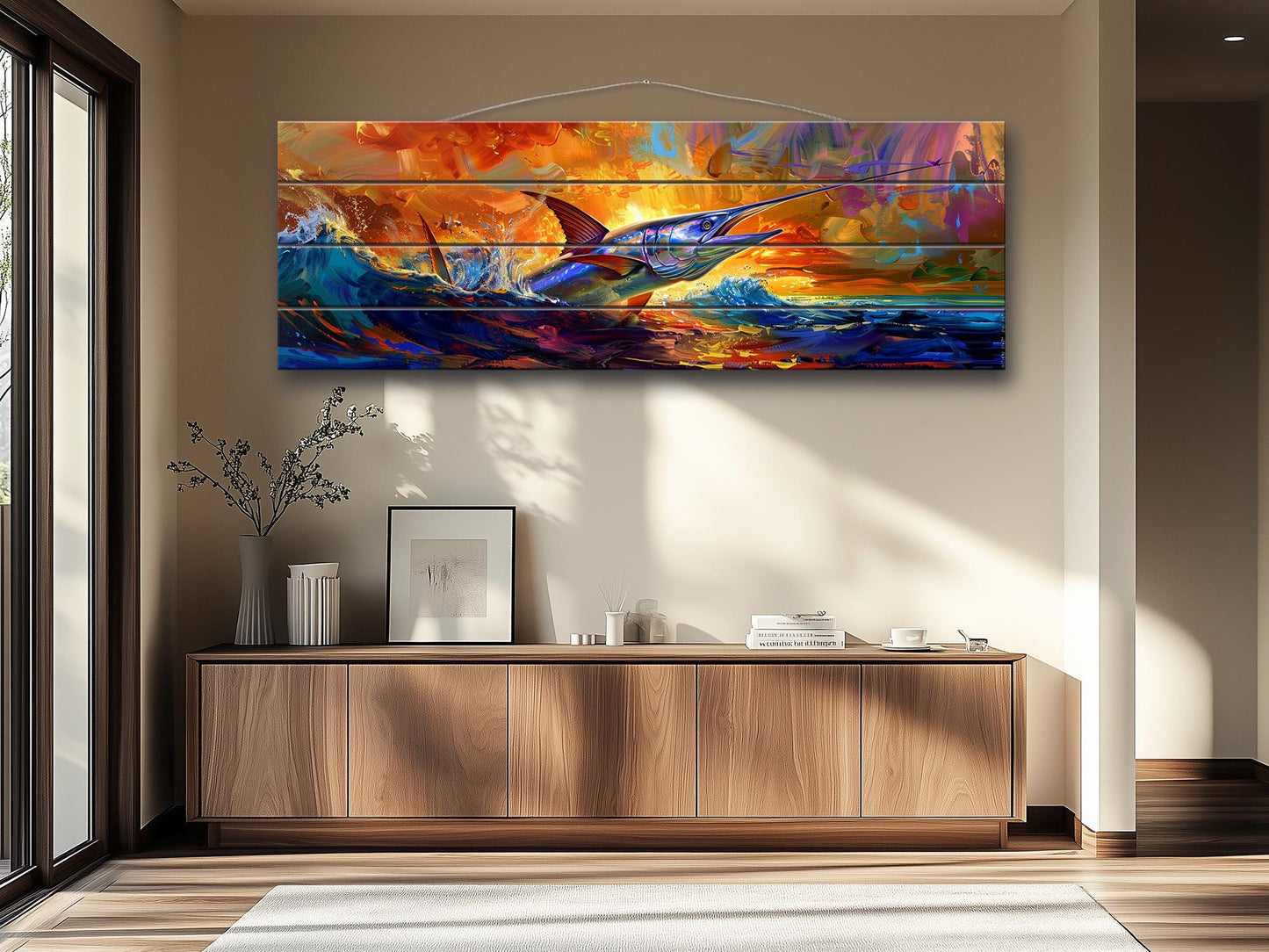Fishing Wall Art – Colorful Marlin Print on Natural Wood Artwork with UV Fade Resistant Print