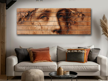Burned Face Wood Print – Rustic Wood Art | Textured Wall Decor, Abstract Portrait