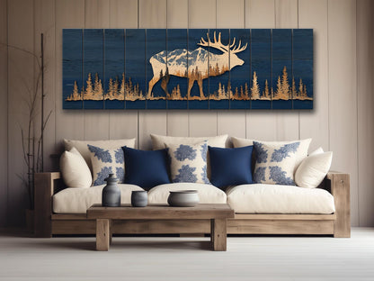 Elk Silhouette Wall Art - Rustic Wildlife Decor With Mountain Forest Print