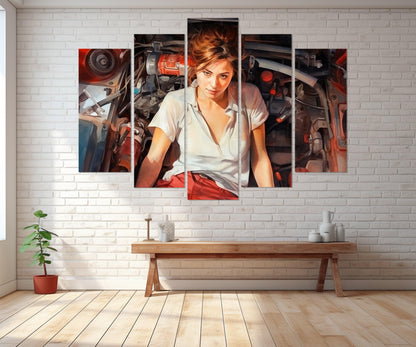 Mechanic Woman Canvas Print - Retro Mechanic Painting | Framed Gallery Wrapped Wall Art