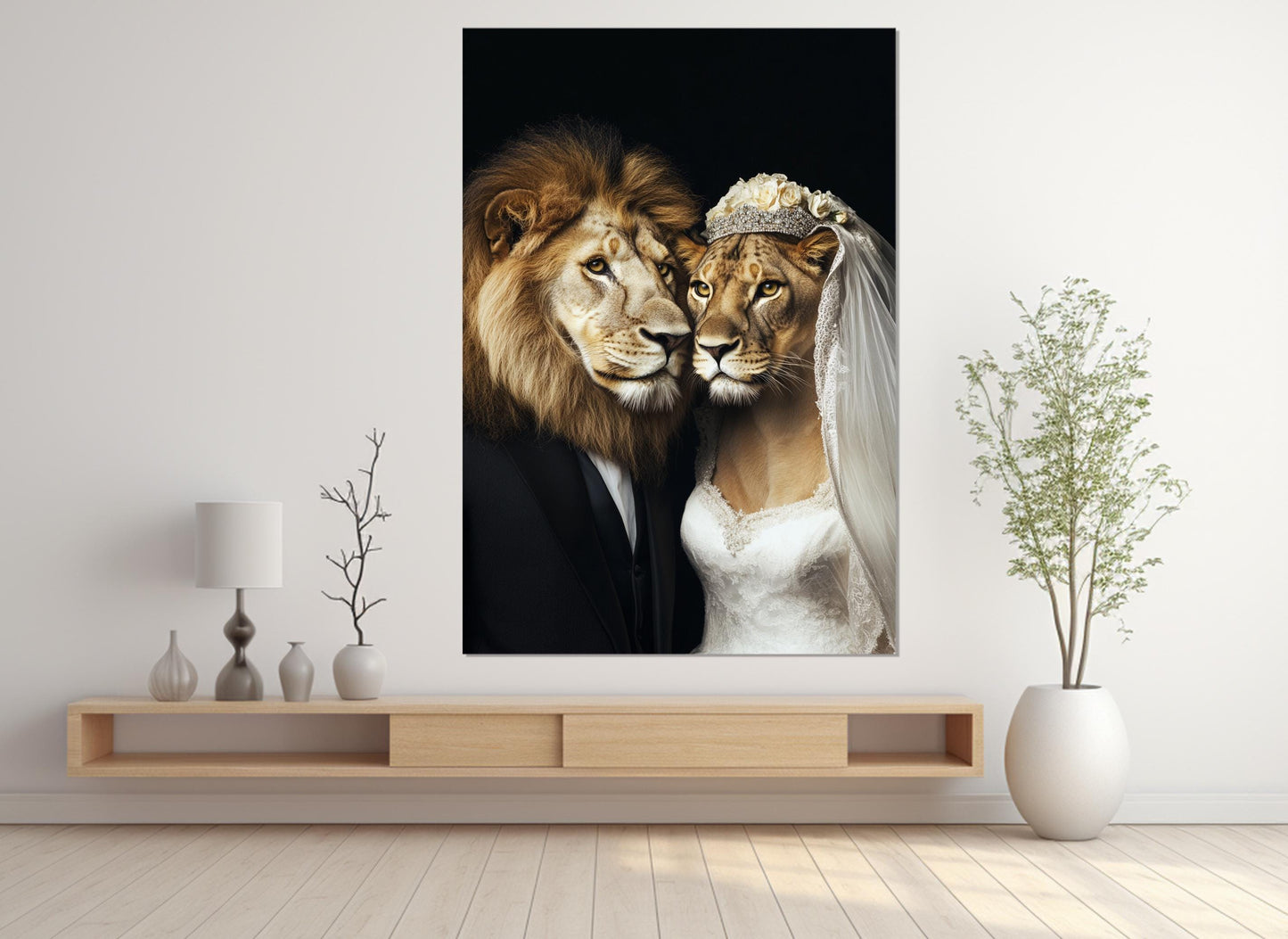 Newlyweds Canvas Print – Lion Couple Artwork | Framed & Ready to Hang Wedding Wall Art