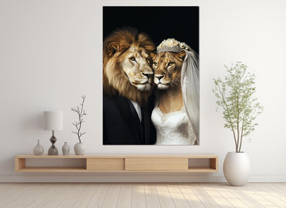 Newlyweds Canvas Print – Lion Couple Artwork | Framed & Ready to Hang Wedding Wall Art