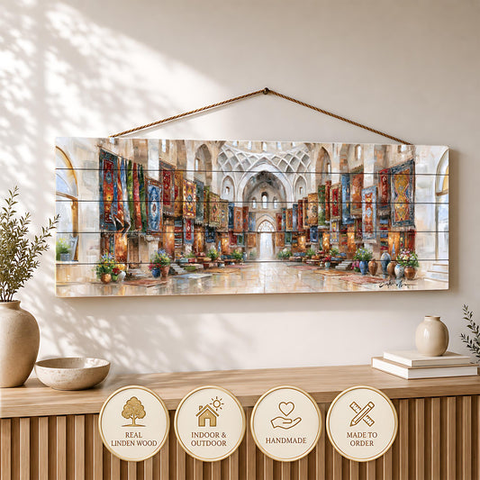 Persian Rug Market wood Print, Oriental Bazaar Wall Art, Traditional Carpet Store Painting, Cultural Decor