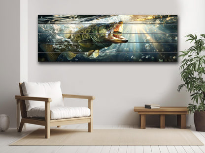 Largemouth Bass Wall Art – Rustic Natural Wood Print Fishing Decor