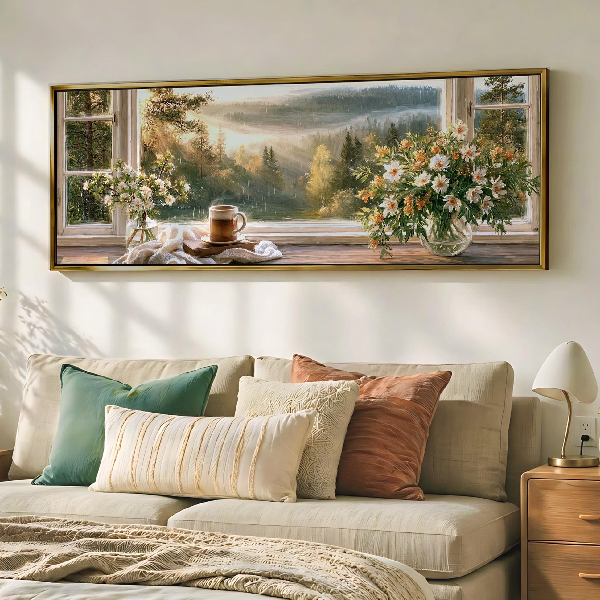 a cozy bedroom scene with a large window overlooking a picturesque landscape. The window is adorned with a vase of flowers and a cup of coffee, creating a serene and inviting atmosphere. The room is furnished with a comfortable couch and a wooden nightstand, adding to the warm and homely ambiance.