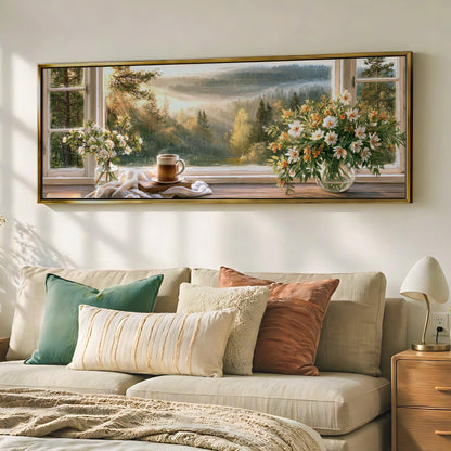 a cozy bedroom scene with a large window overlooking a picturesque landscape. The window is adorned with a vase of flowers and a cup of coffee, creating a serene and inviting atmosphere. The room is furnished with a comfortable couch and a wooden nightstand, adding to the warm and homely ambiance.