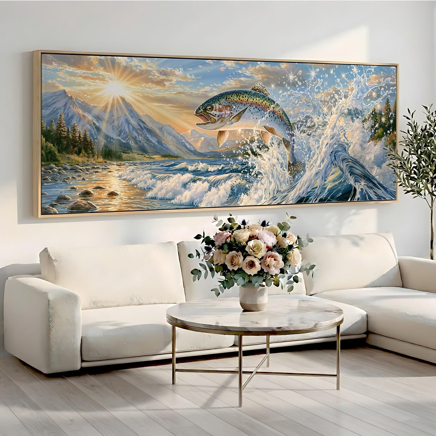 a large painting of a fish leaping out of the water, set against a backdrop of mountains and a sunset. The painting is hung on a wall above a white sofa, which has a vase of flowers placed on it. The overall scene creates a serene and artistic atmosphere in the living room.