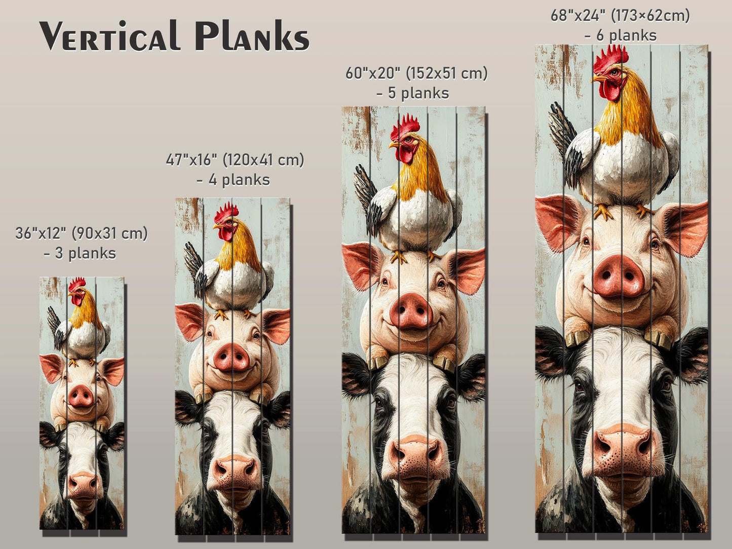 Farm Animal Wall Art – Rustic Farmhouse Decor Wooden Farm Print on Wood Planks