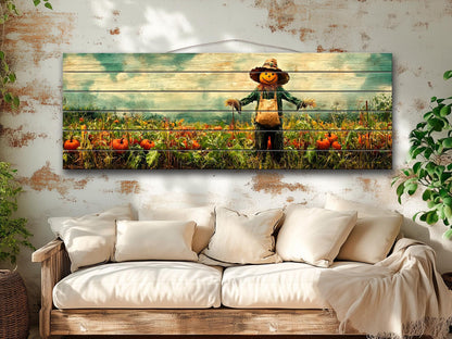 Rustic Farmhouse Wall Decor - Pumpkin Patch Print Wood Wall Art with Scarecrow
