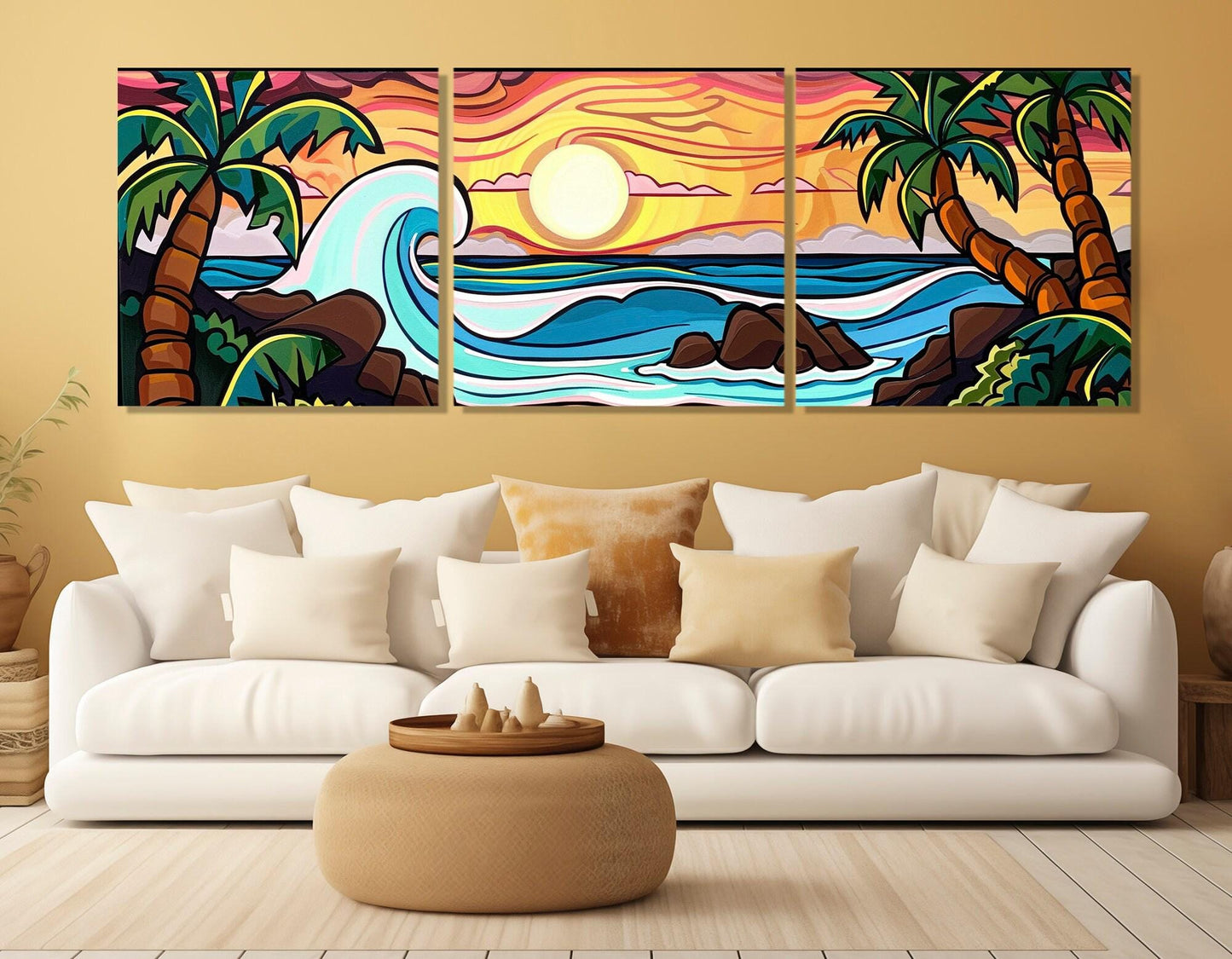 Abstract Tropical Canvas Art, Sea and Palms Painting Canvas Print, Tropical Painting, Abstract Tropical Landscape, Framed and Ready to Hang
