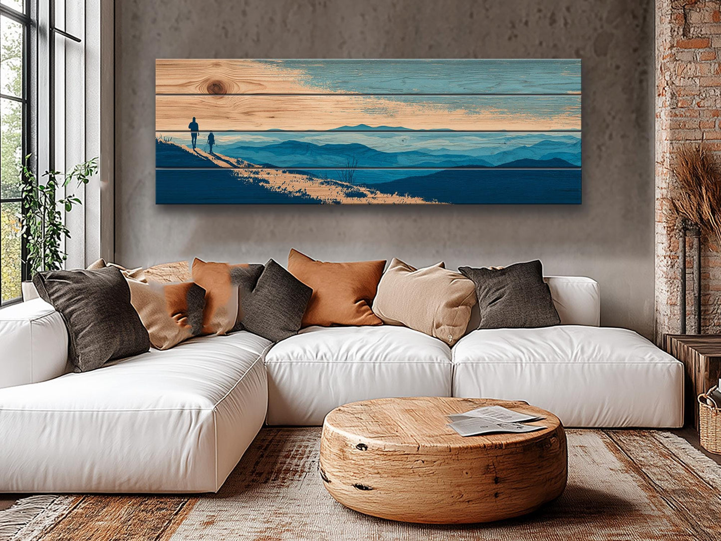 Mountain Ridge Hiking Print – Rustic Cabin Wall Art on Natural Wood Panels