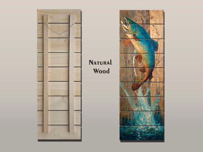 Rustic Wood Wall Art - Trout Painting Print on Wood – Fishing Wall Decor – Leaping Fish Print on Natural Wood