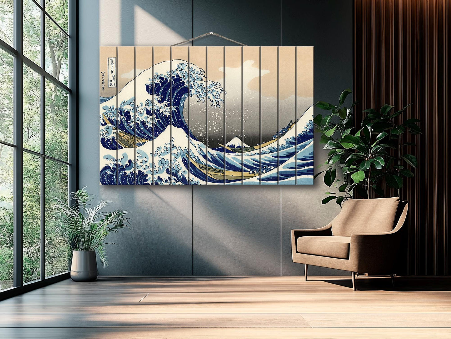 Great Wave Wood Print – Japanese Wall Art | Abstract Sea Waves Wooden Plank Art