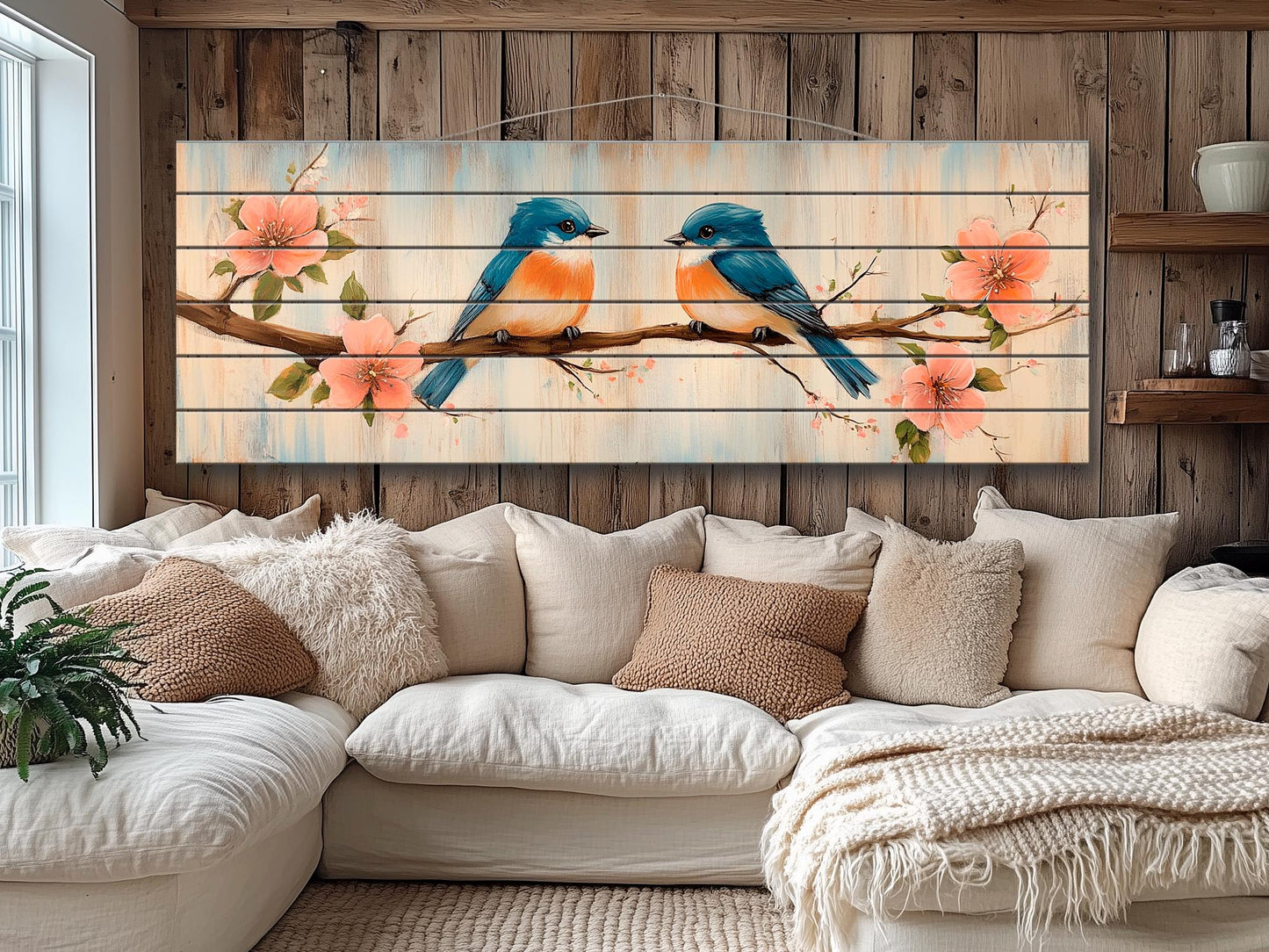 Wood Wall Art - Chubby Bluebirds on a Flowering Branch Print on Natural Wood, Birds Wall Art, Cozy Cabin Wall Decor, Rustic Bluebirds Print