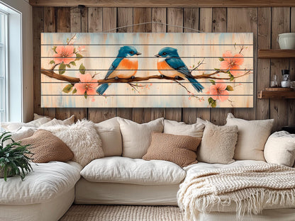 Wood Wall Art - Chubby Bluebirds on a Flowering Branch Print on Natural Wood, Birds Wall Art, Cozy Cabin Wall Decor, Rustic Bluebirds Print