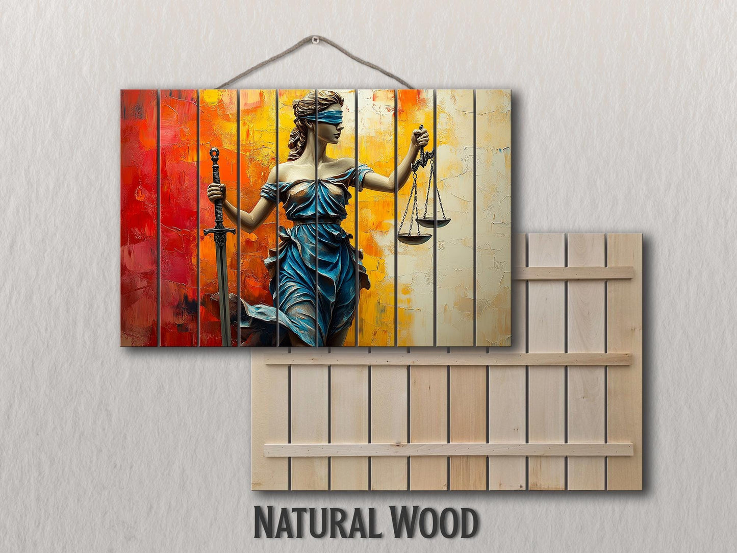 Rustic Wood Wall Art - Abstract Lady Justice Print | Lawyer Office Decor