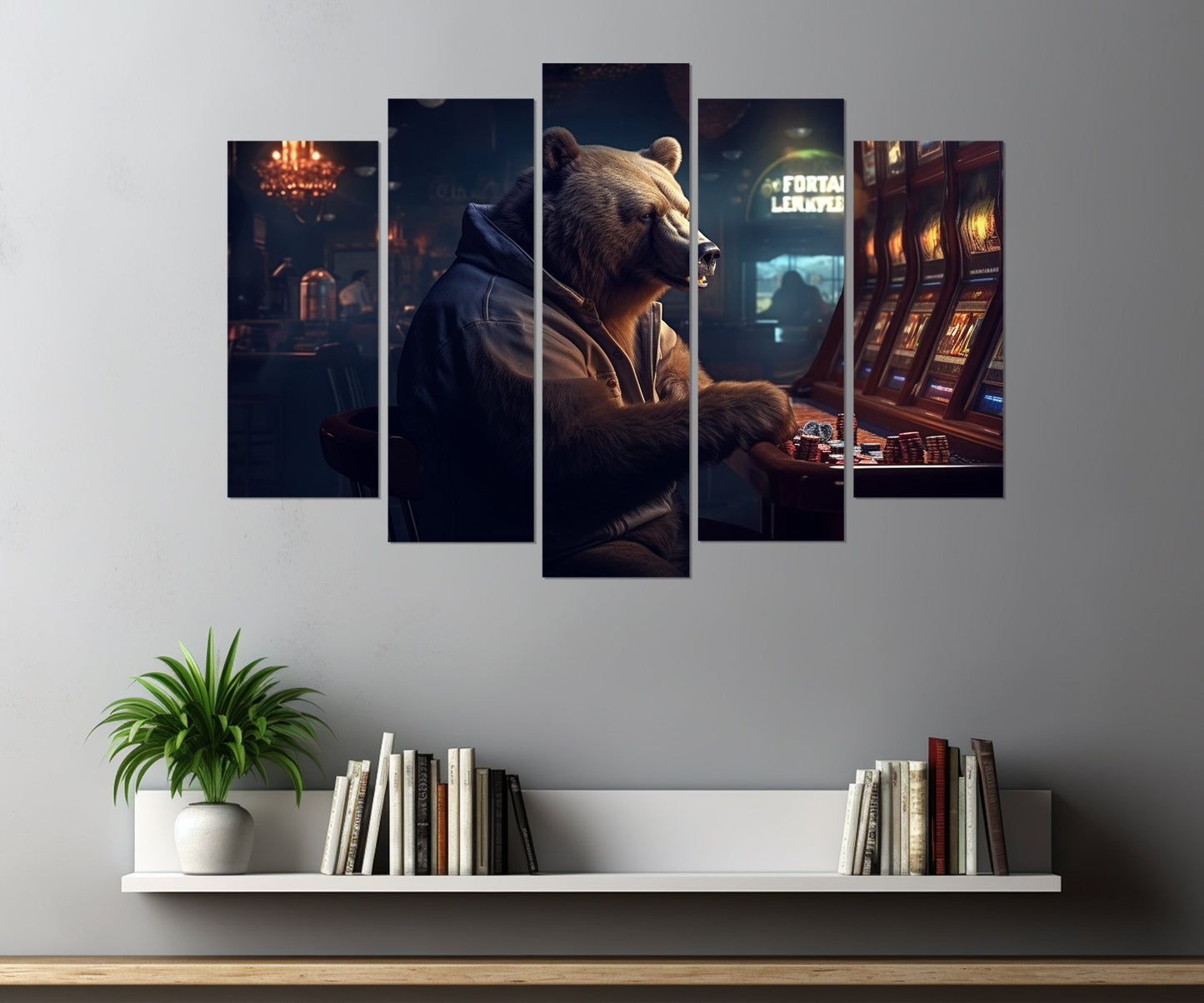 Casino Wall Art - Brown Bear Playing Slot Machines | Framed Canvas Print