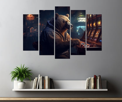 Casino Wall Art - Brown Bear Playing Slot Machines | Framed Canvas Print