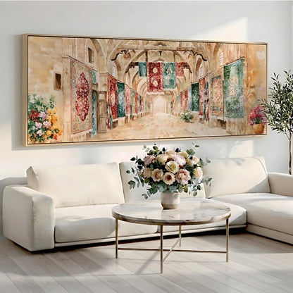 a large painting of a hallway with colorful tapestries hanging on the walls, creating a warm and inviting atmosphere. In the foreground, there is a white sofa and a round coffee table with a vase of flowers, adding a touch of elegance and natural beauty to the space.