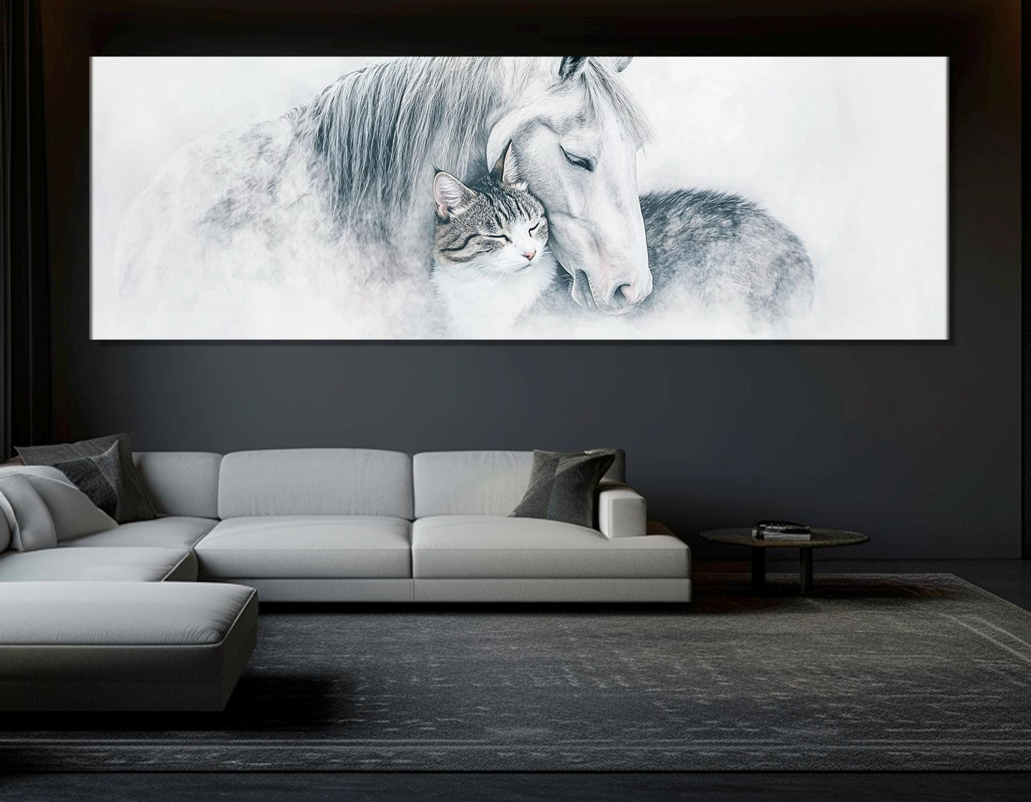 Horses And Cat Canvas - Framed Cotton Canvas Print | Minimalist Wall Art Decor