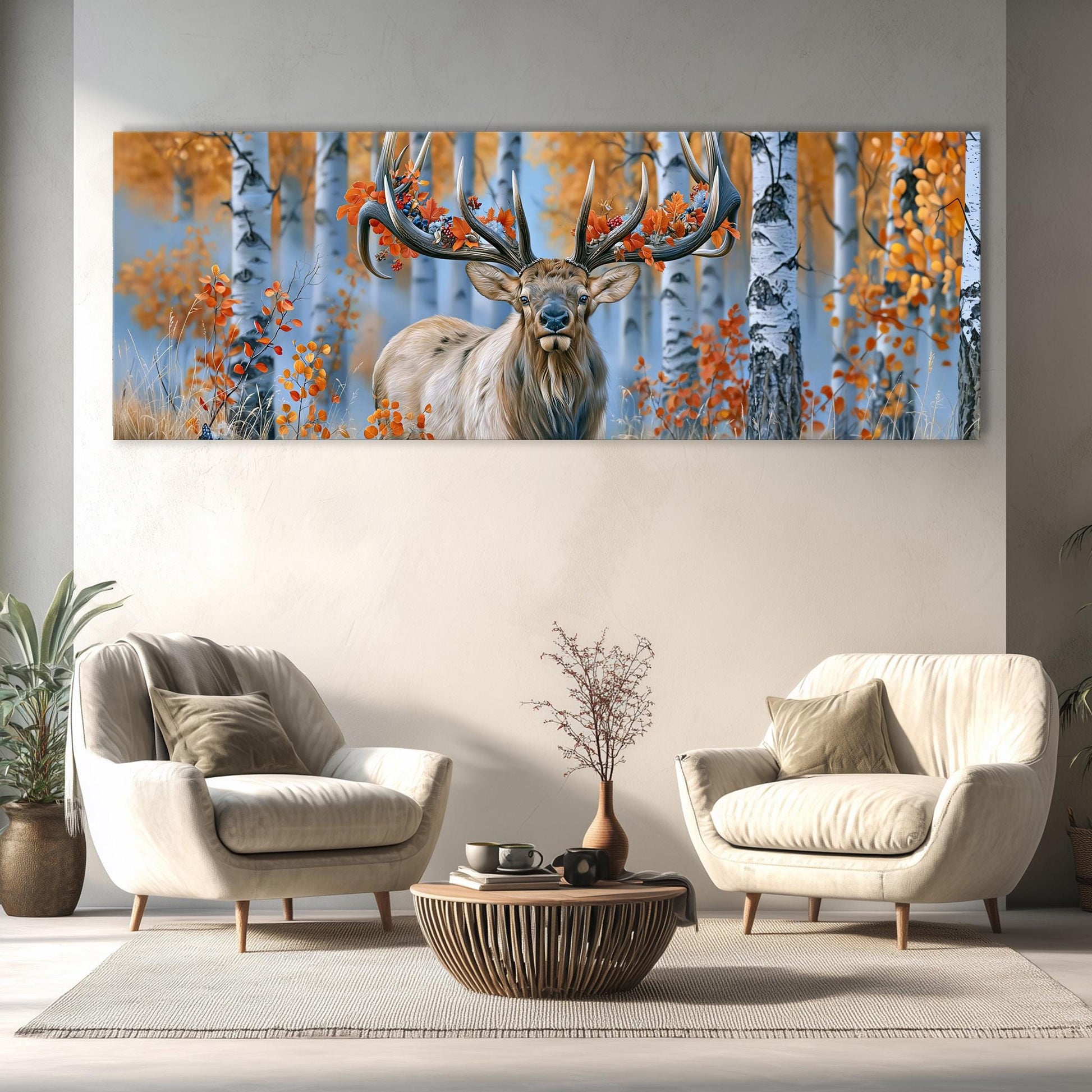 a large, long painting of a deer with antlers in a forest setting, hanging on a wall above a living room with two white armchairs and a coffee table.