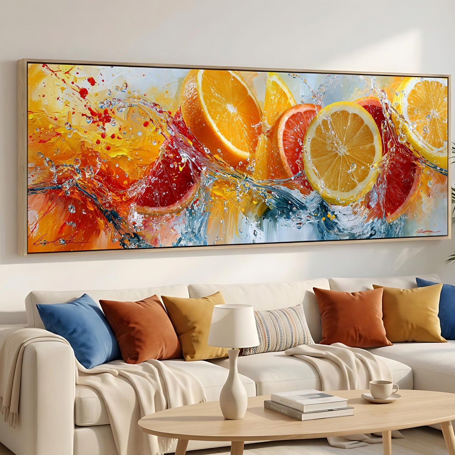 a large, colorful painting of oranges and grapefruits splashing on a white wall above a white couch with colorful throw pillows.
