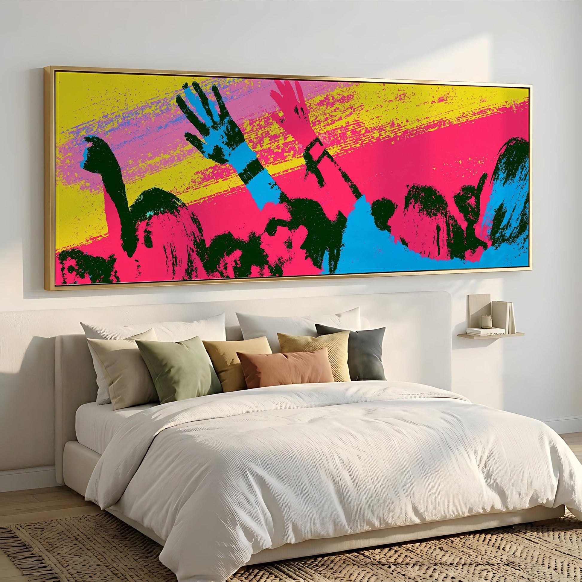 a large, colorful painting of a hand raised above a bed with white bedding.