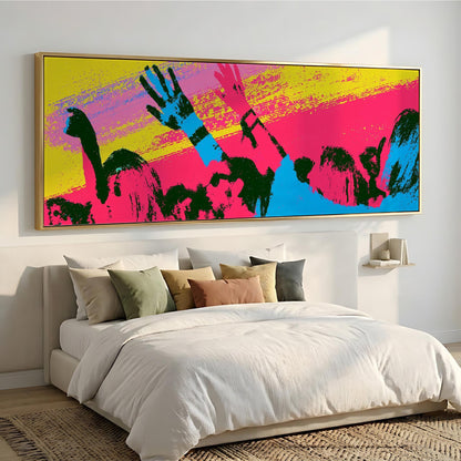 a large, colorful painting of a hand raised above a bed with white bedding.