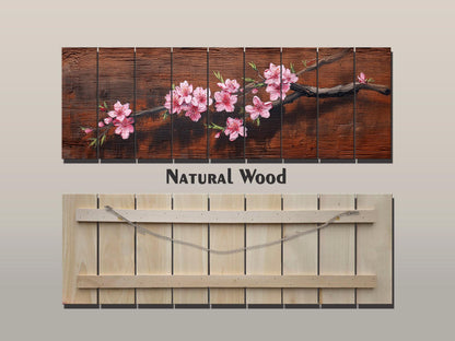 Sakura Branch Wood Art – Japanese Cherry Blossom Print on Natural Wood Wall Decor