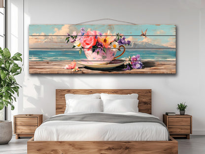 Wood Wall Art – Vintage Floral Teacup Print | Coastal View Artwork on Natural Wood