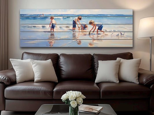 Wood Wall Art – Large Beach Wall Decor with Kids Playing on the Beach Print