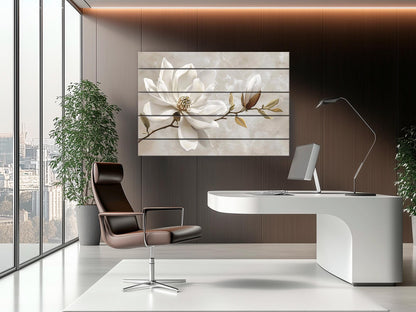 Wood Wall Art – Magnolia Flower Print | Natural Wood Decor, Modern Floral Painting