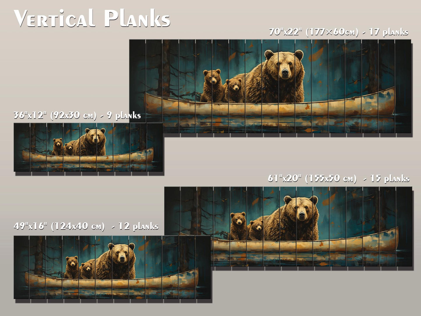 Grizzly Bear Wall Art – Rustic Wood Plank Print with Bear Family Nature Decor