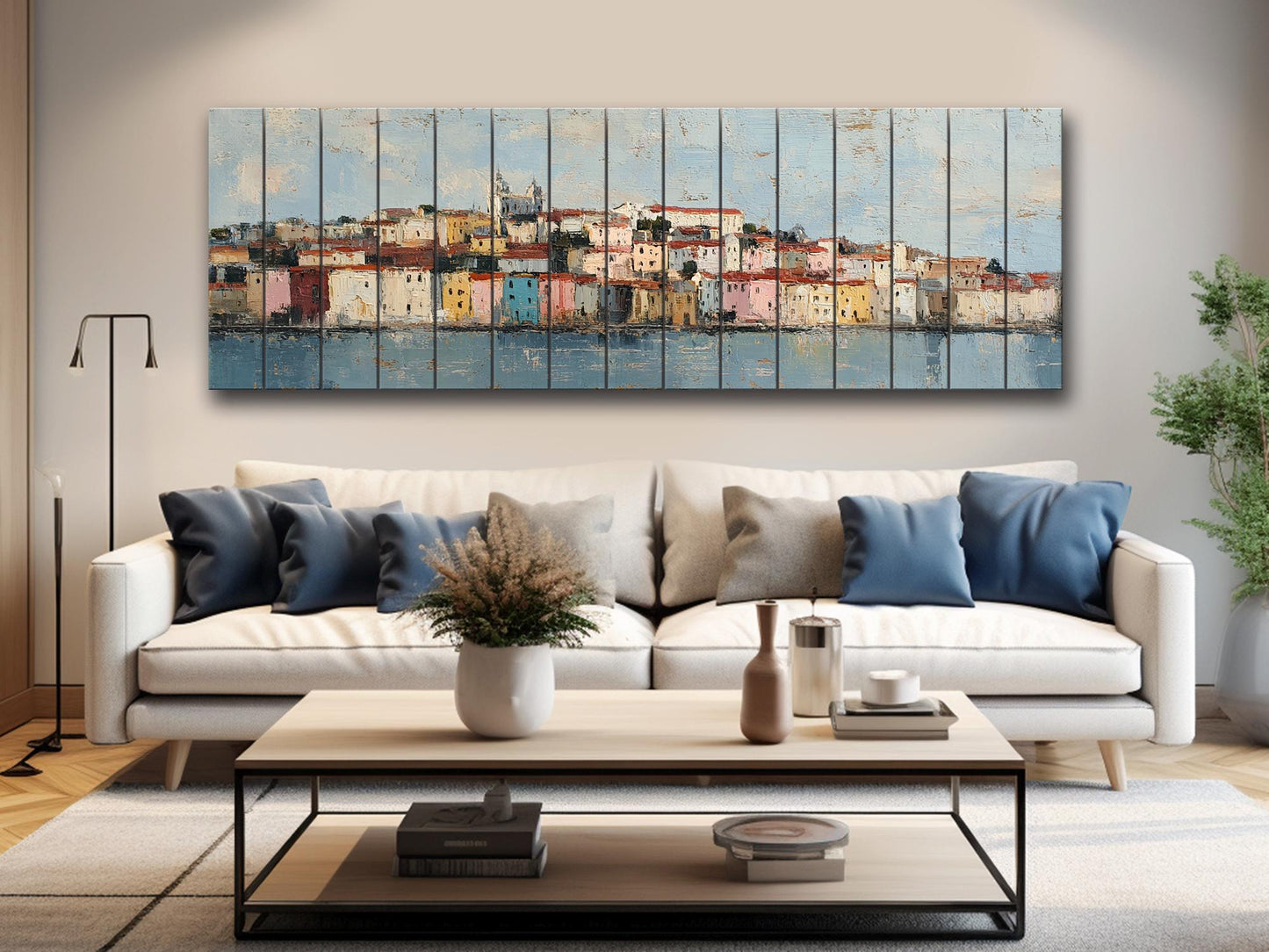 Lisbon Wood Print – Rustic Wall Art with Pastel Houses & Beige Sunlight on Distressed Wood