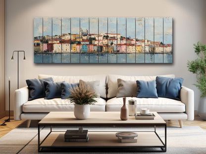 Lisbon Wood Print – Rustic Wall Art with Pastel Houses & Beige Sunlight on Distressed Wood