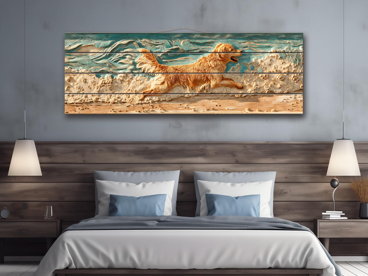 Golden Retriever Wall Art – Rustic Pet Painting on Textured Wood Panel, Cozy Home Decor