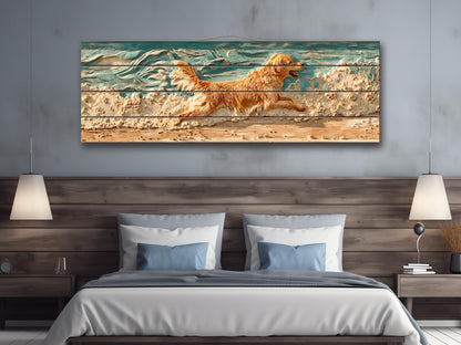 Golden Retriever Wall Art – Rustic Pet Painting on Textured Wood Panel, Cozy Home Decor