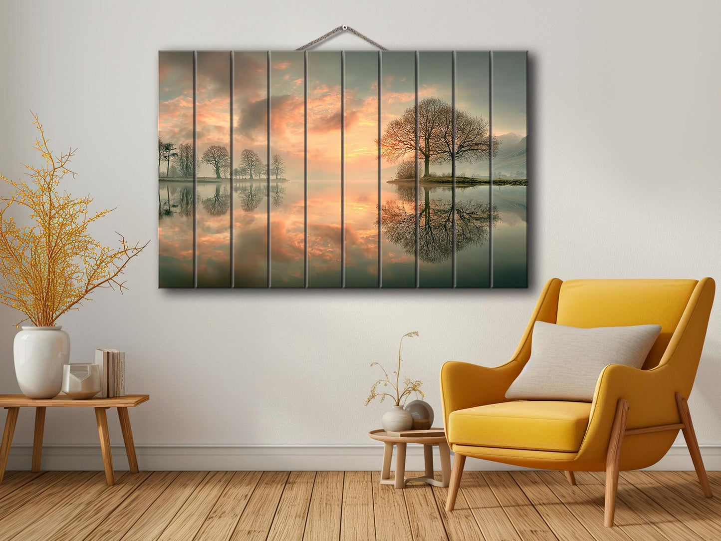 Sunset Lake Print on Wood, Trees Reflection Landscape, Rustic Nature Wall Decor