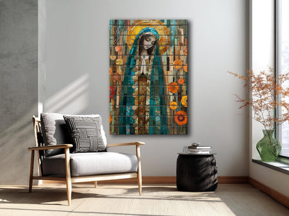 Saint Maria Wood Art – Natural Wood Print | Mosaic Religious Wall Decor