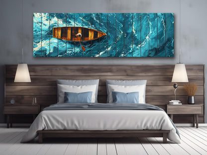 Wood Wall Art – Overhead Rowboat Print on Natural Wood Planks | Colorful Rustic Decor