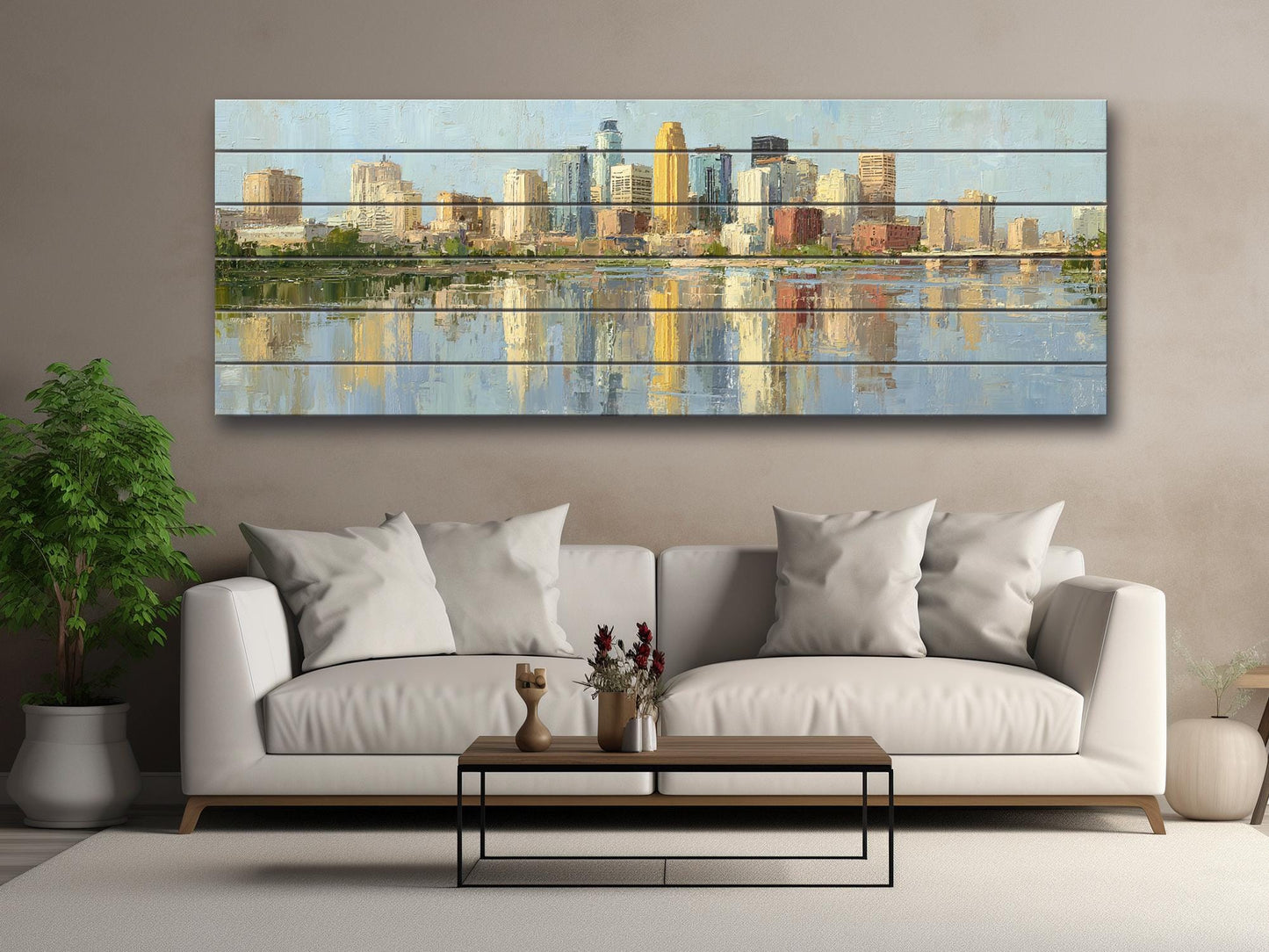 Minneapolis Skyline Wood Print – Rustic Wall Art | Panoramic Cityscape On Distressed Wood
