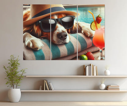 Dog Wall Art - Funny Dog Canvas with Hat and Glasses | Pool Wall Decor, Framed Canvas Print