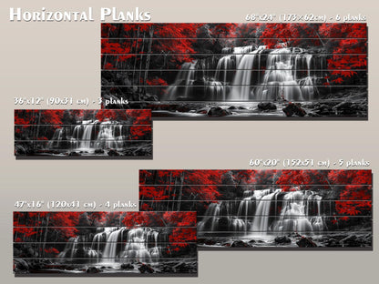 Wood Wall Art – Abstract Black White Waterfall Red Forest Print on Natural Wood